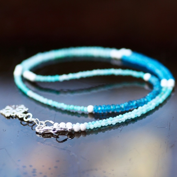 Natural Neon Blue Apatite, Amazonite Necklace / Wrap Bracelet Sterling Silver - Picture 9 of 12